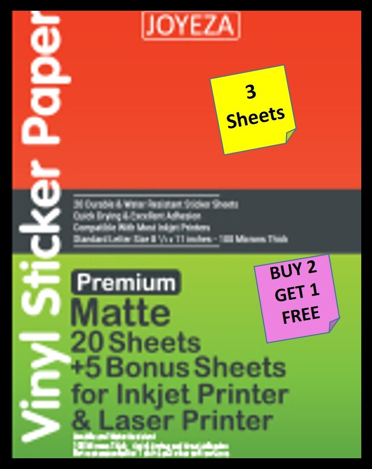 [3 Sheets] JOYEZA Matte Vinyl Sticker Paper 8 1/2″ X 11″ INKJET/LASER B2G1