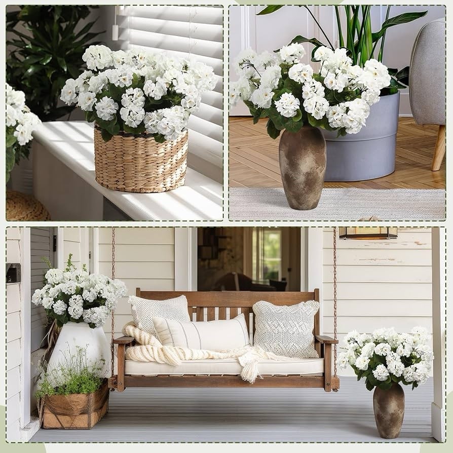 4 Pcs 18” Artificial Geraniums 36 Heads White Faux Fake Planters For Home Decor