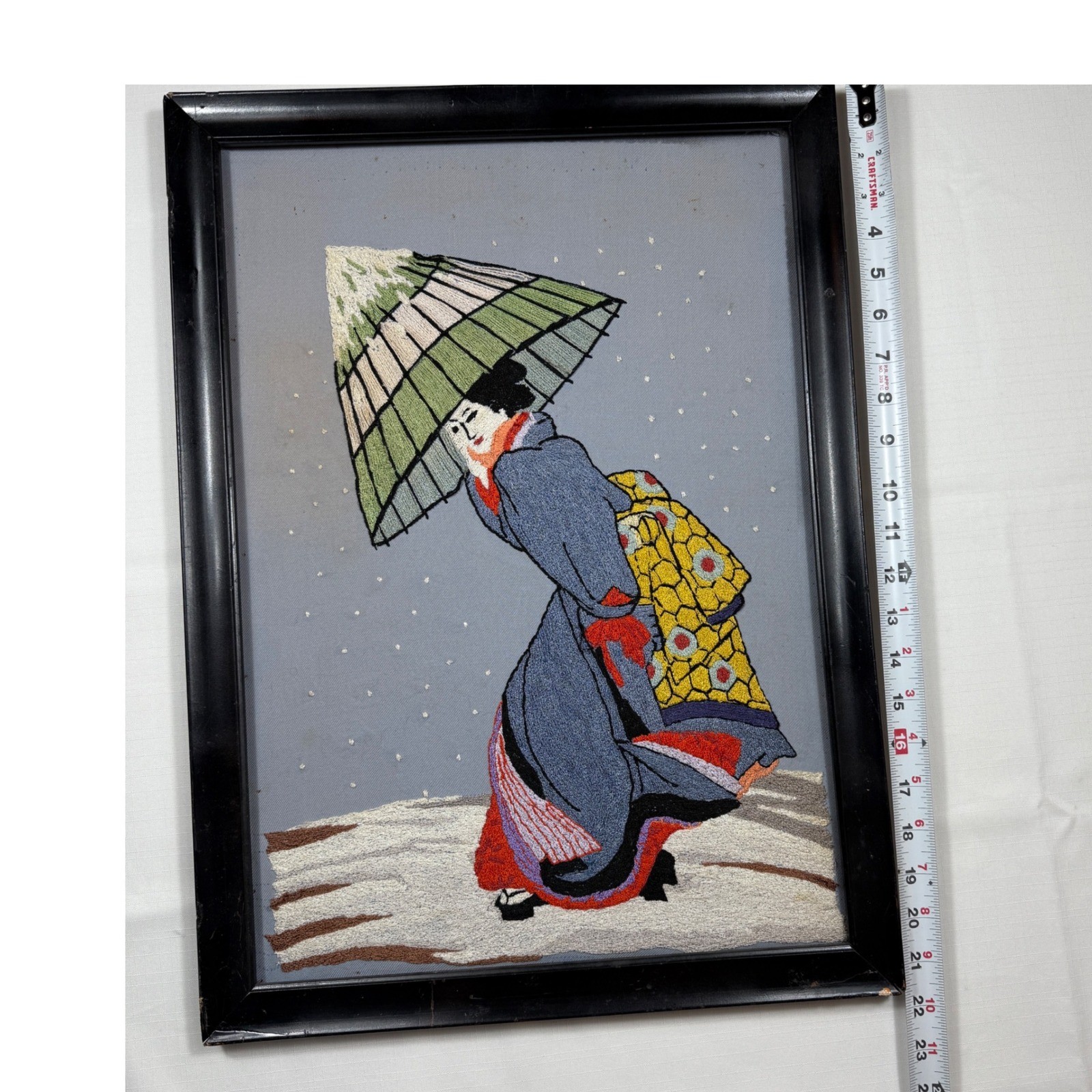 Vintage Asian Japanese Hand Geisha Wall Art Crewel Kimono & Wagasa *see pics**