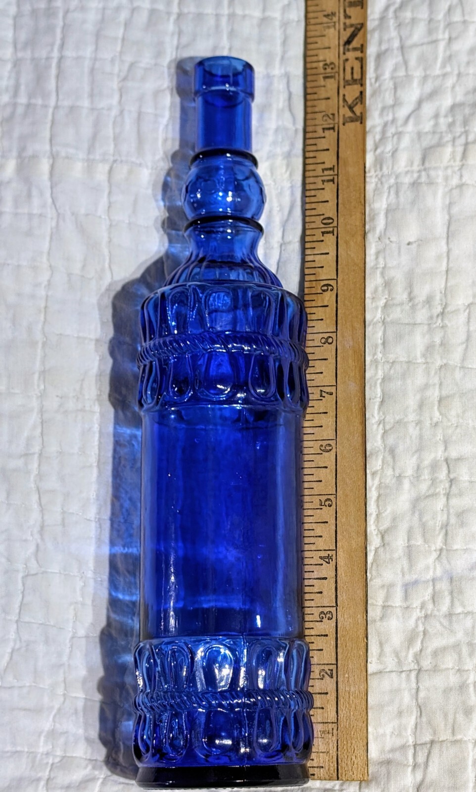 Decorative Blue Glass Bottle Embossed Rope Design Home Decor 12″ Collectible Vtg