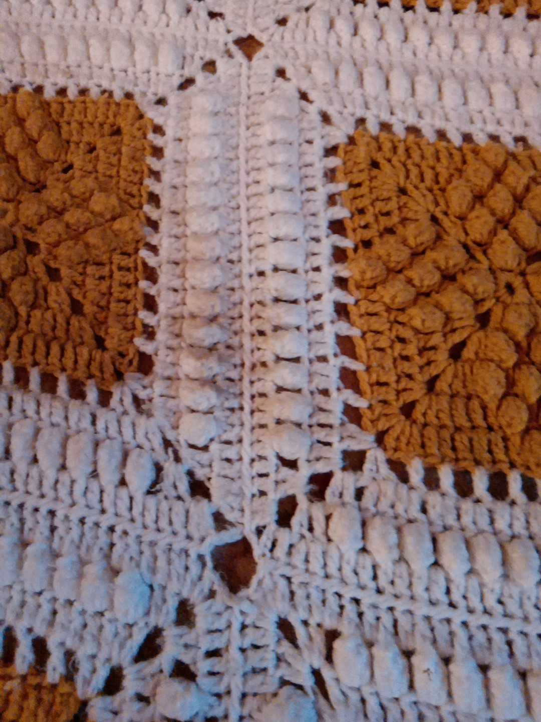 VTG Granny Square Blanket Bed throw Crotcheted 72”x 105” Approx. Gold & White