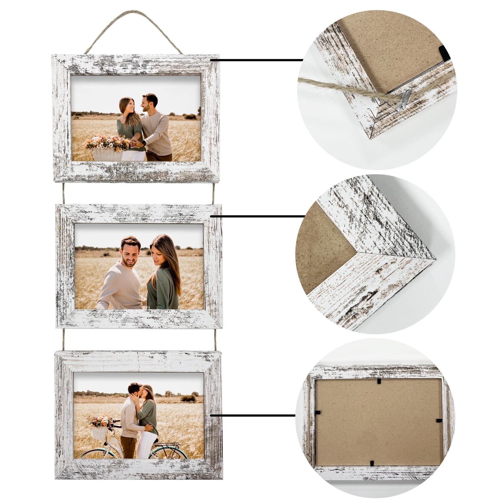 Rexllon 4×6 Wall Hanging Picture Frames Collage with 3 Opening Distressed White