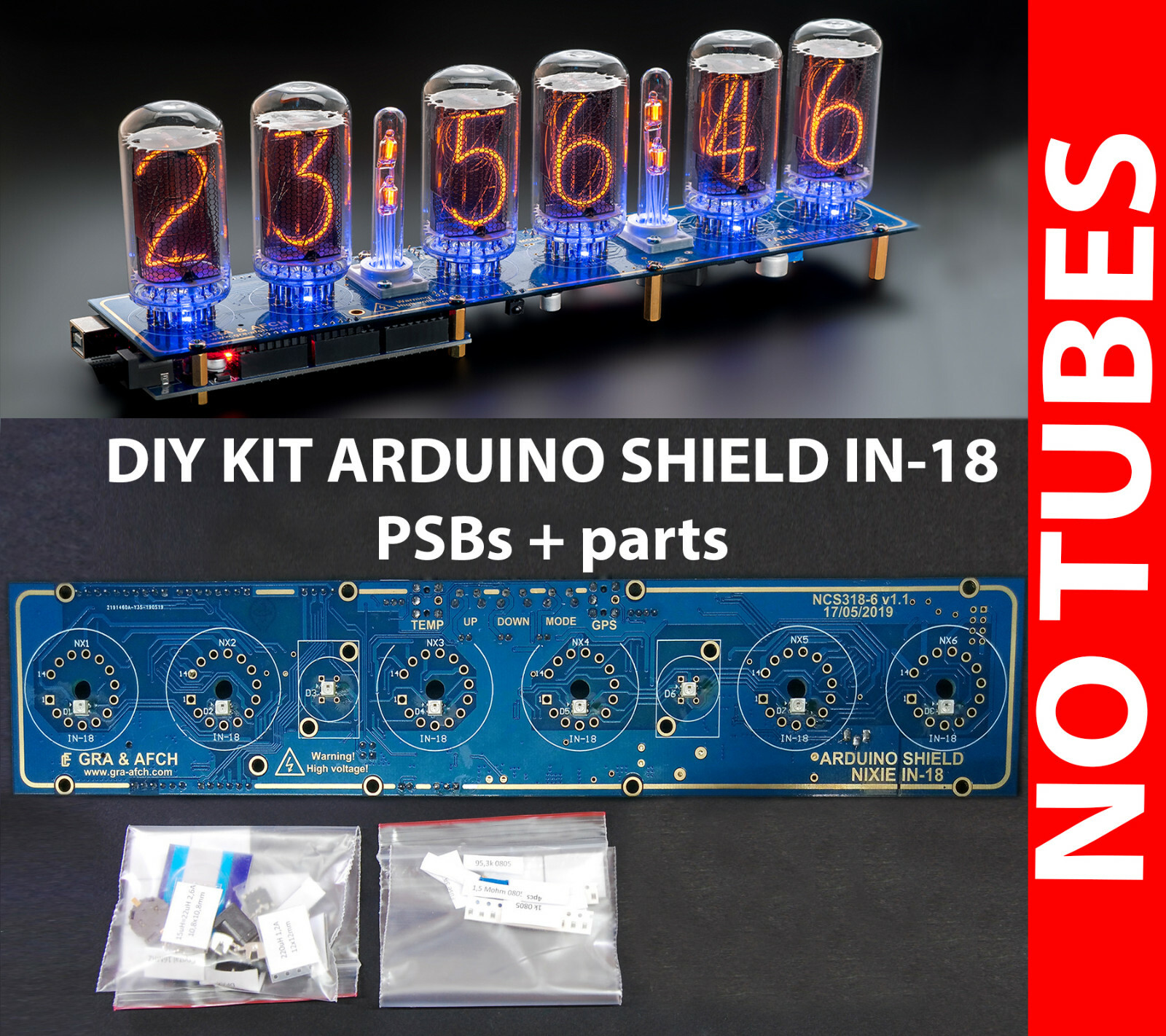 DIY KIT IN-18 Shield for Arduino Nixie Clock with Sockets NO TUBES ARDUINO PSU