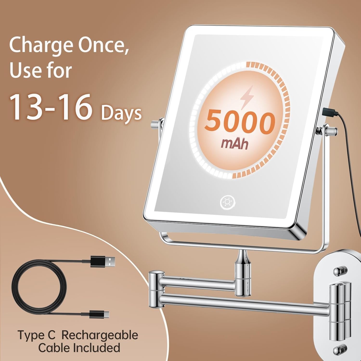 Rechargeable Wall Mount Makeup Mirror FASCINATE 5000mAh