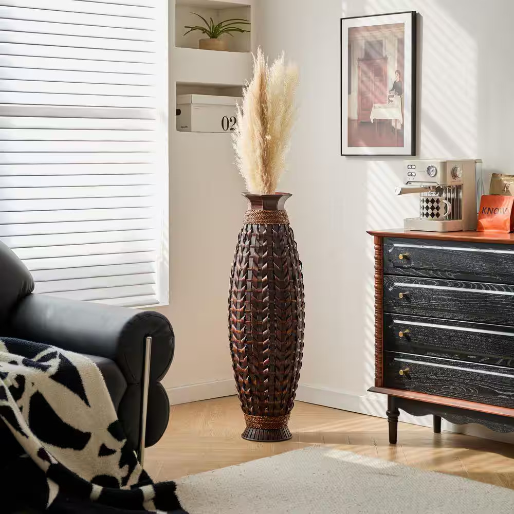 39 In. Modern Brown Bamboo Cylinder Hand-Woven Floor Vase Decorative Vase for Dr