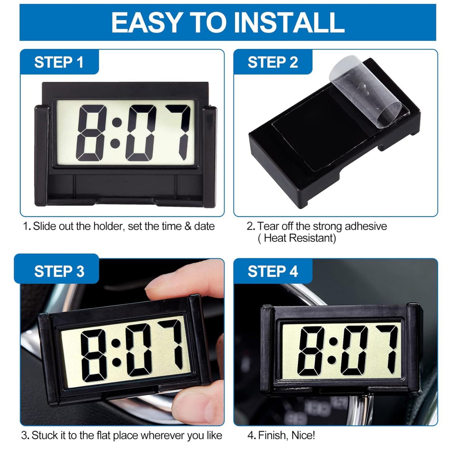 3PC Portable Mini Digital Clock Small Adhesive Stick On Battery Operated LCD New
