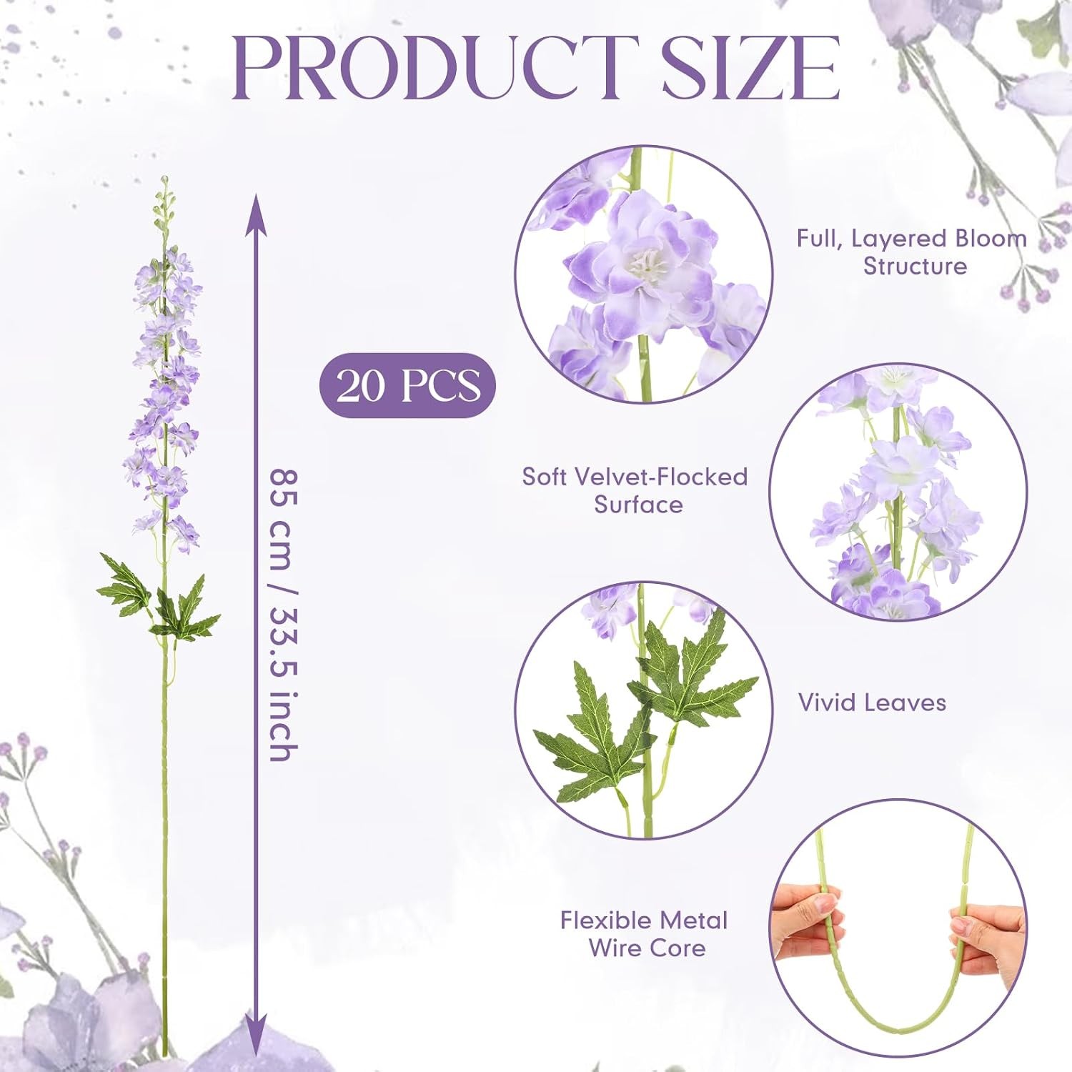 20 Pcs Delphinium Artificial Flowers – 33.5” Long Stem Faux Flower Bulk – Fake