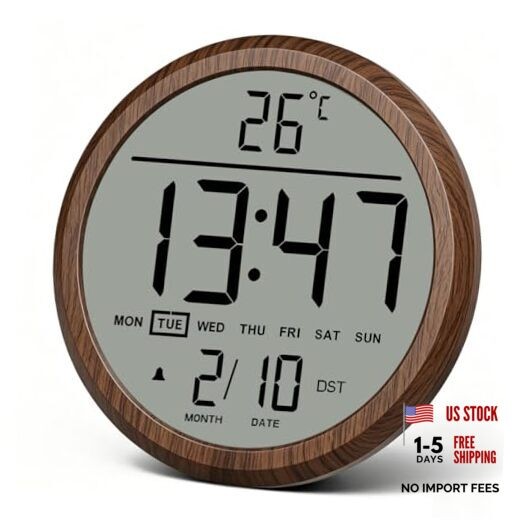 8 in Round Digital Wall Clock Battery Operated with Wood