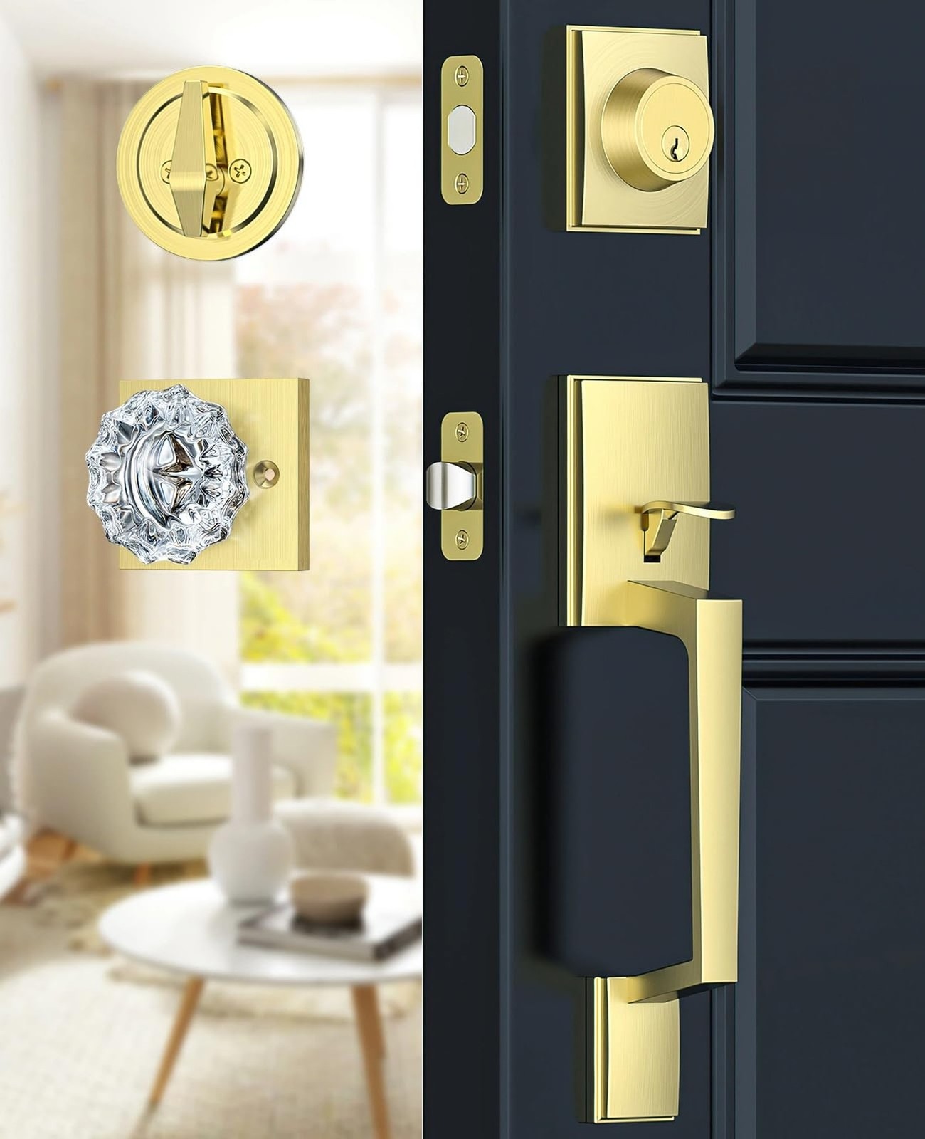 Satin Brass Front Door Handle and Deadbolt Set, Front Door Lock Set with Crys…
