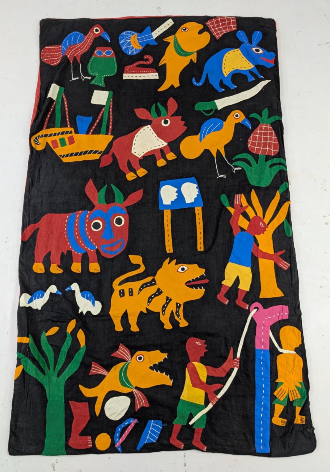Vintage Beautiful Hand Sewn African Applique Pictorial Tapestry Textile 90x35in