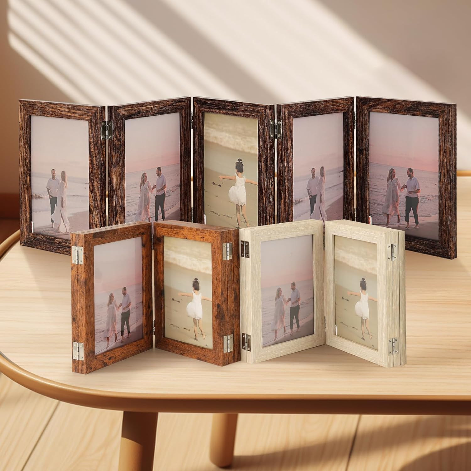 5 Folding Hinged Picture Frame 5×7 Inches Natural Wood Foldable Photo Frame with