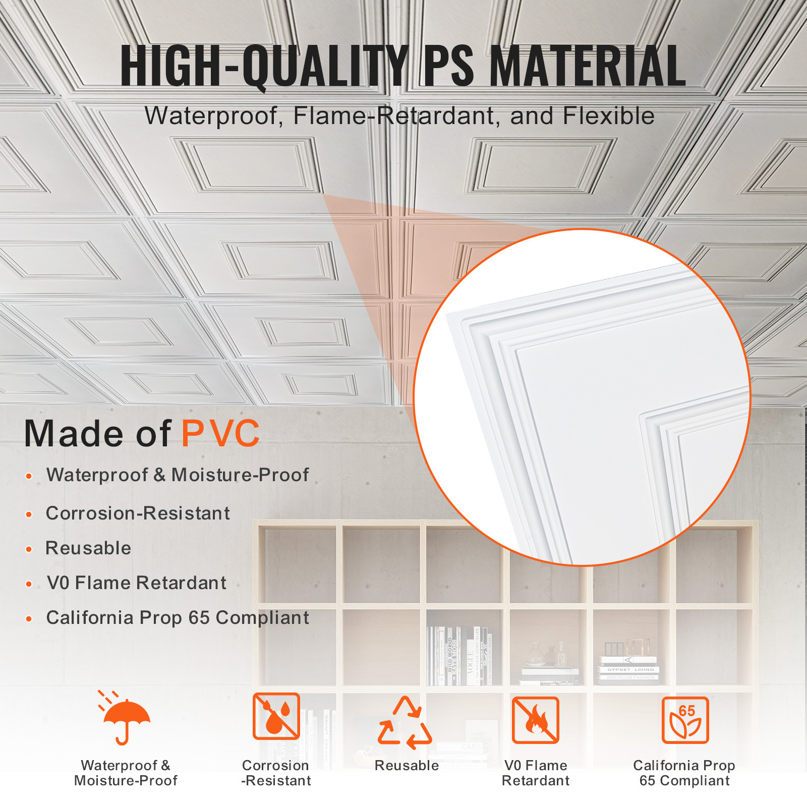 VEVOR Ceiling Tiles Panel 12 Pack 24 x 24in 48 sq.ft PVC Glue up DIY Decor White