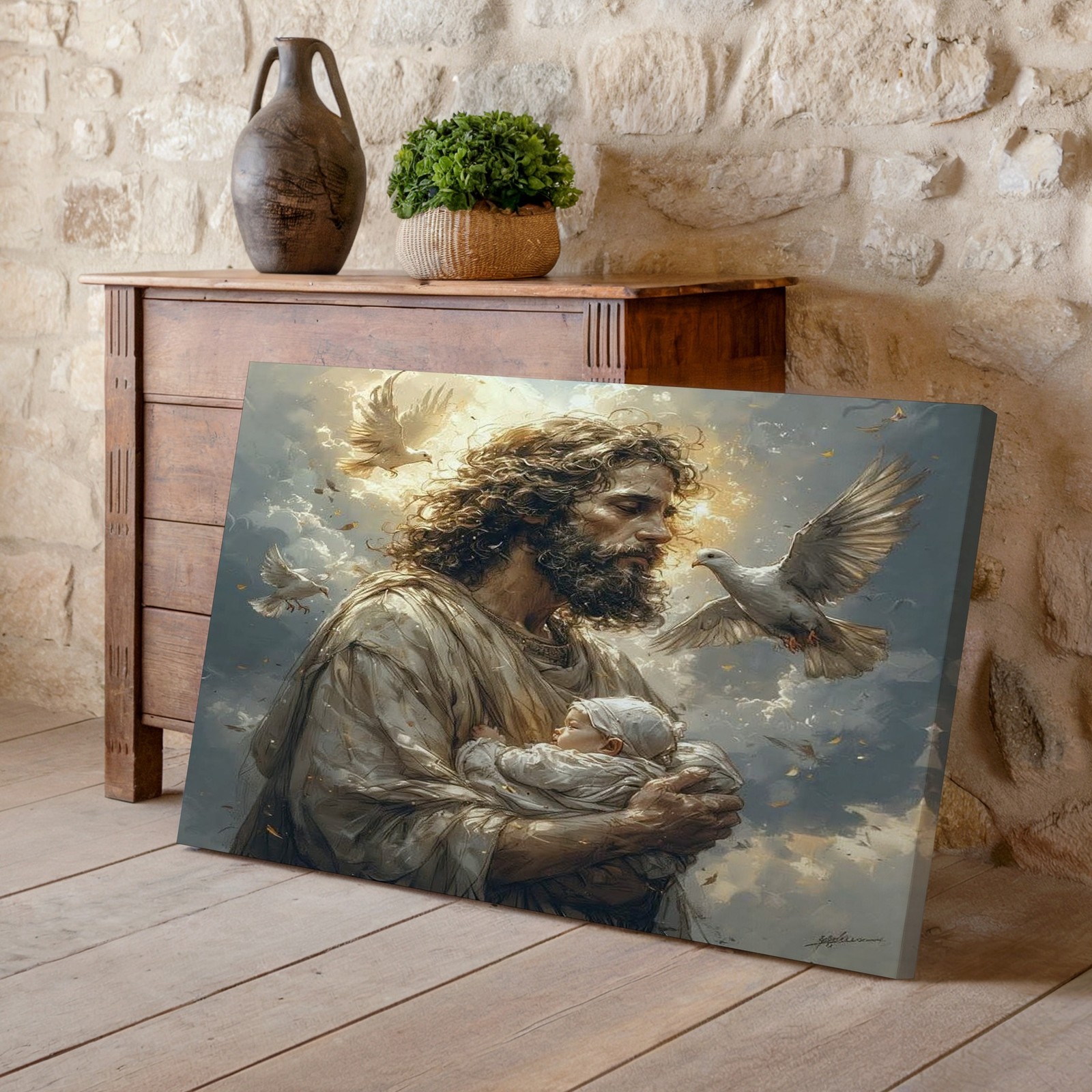 Jesus Holding Baby with Glowing Light and White Doves Spiritual Canvas Art Decor