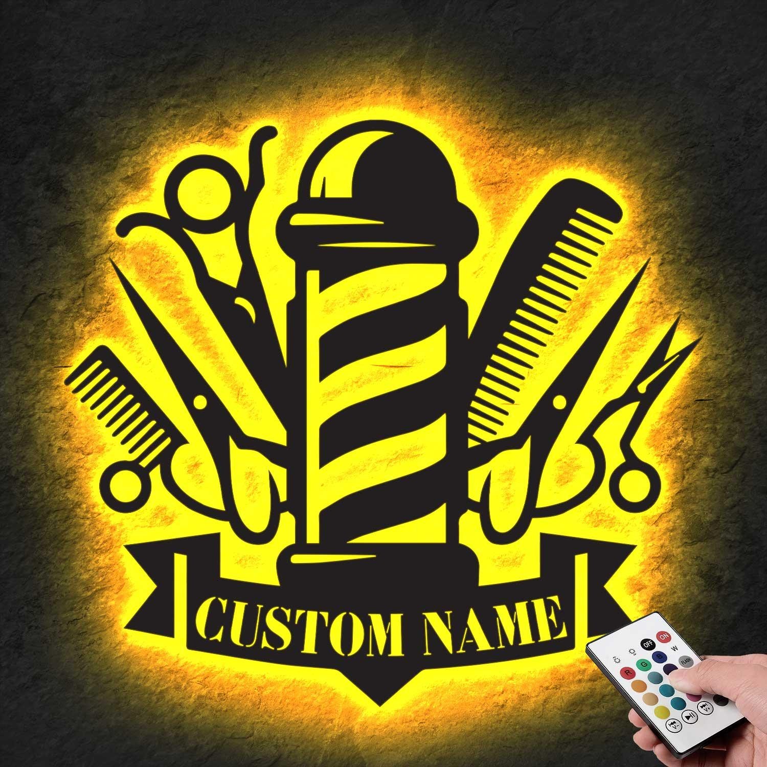 Personalized Barber Shop Metal Sign With Led Light Barber Shop Name Sign