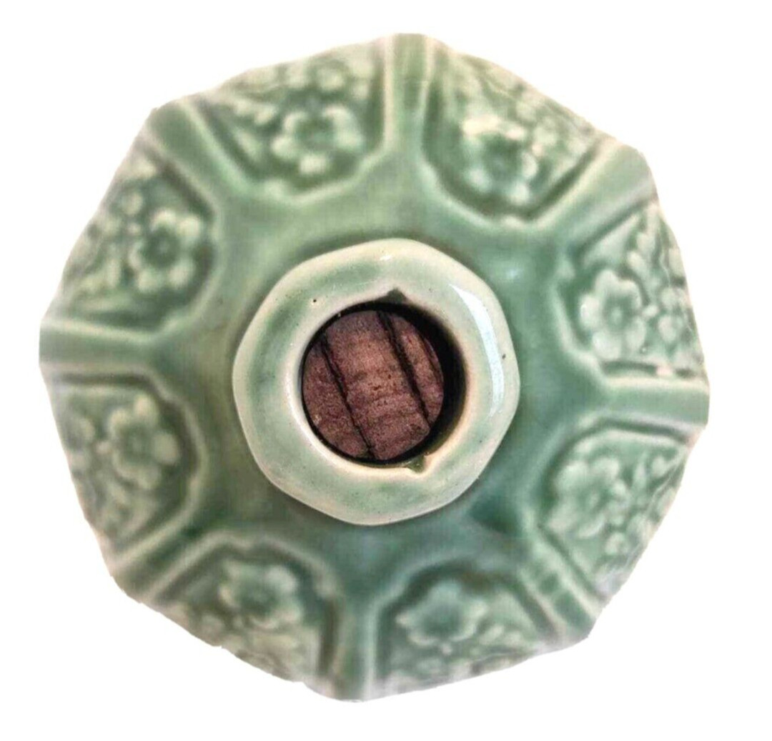 Celadon Green Glaze Majolica Porcelain Jug Relief Heavy Stalking Tigers Cork VTG