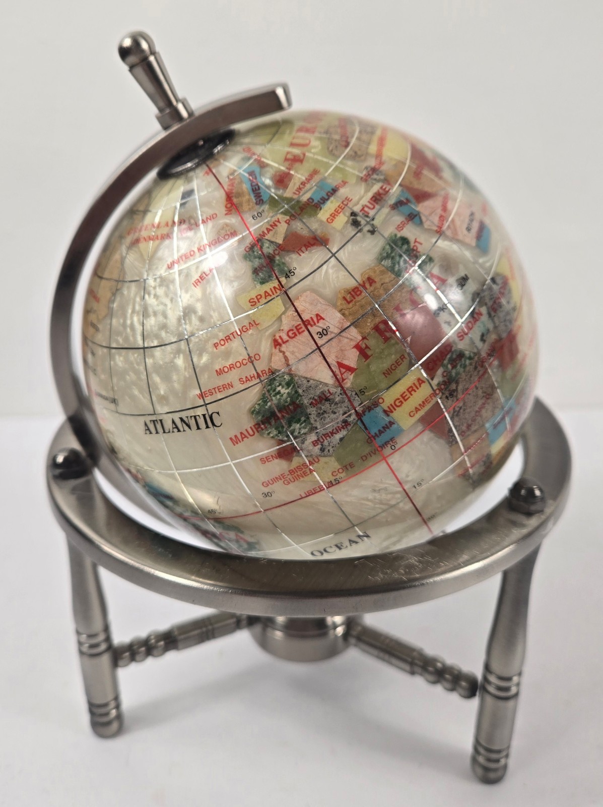 Pearl Swirl Ocean Gemstone World Globe Silver-Colored Stand