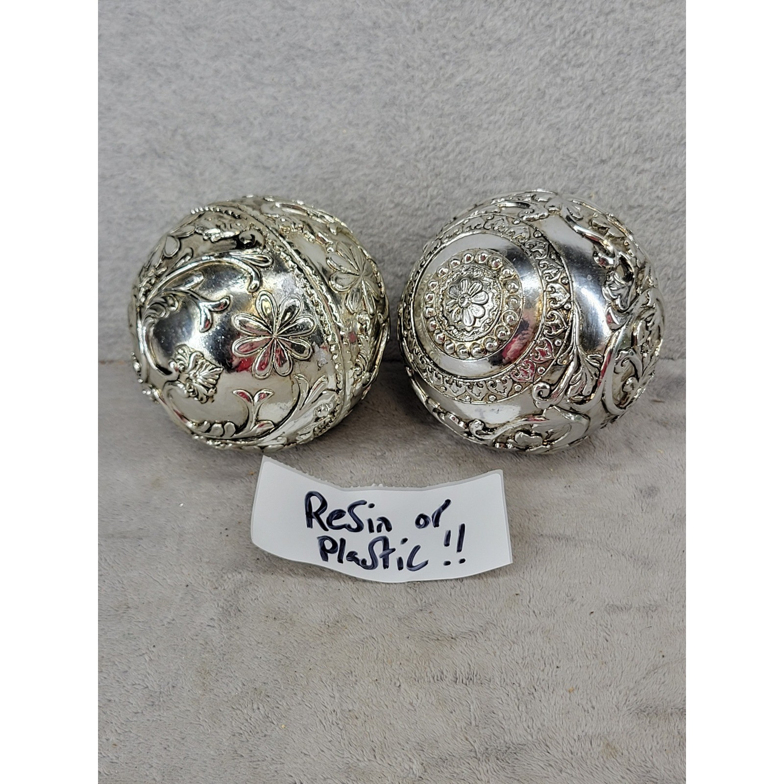Set of 2 Ornate Silver Floral Decorative Spheres Resin Plastic Bowl Fillers 4″