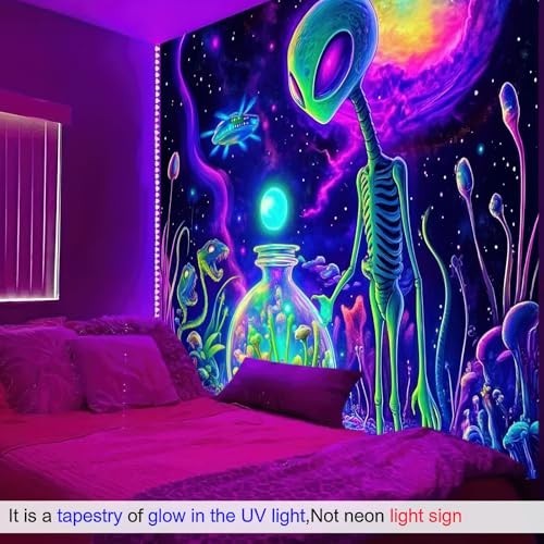 Glow in the Dark Blacklight Tapestry 78×59″ – Neon Alien UFO Cosmic Wall Art