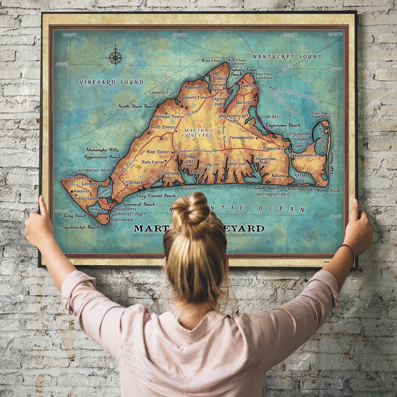 Martha’s Vineyard Massachusetts Map Art Print Poster Vintage Wall Decor Home