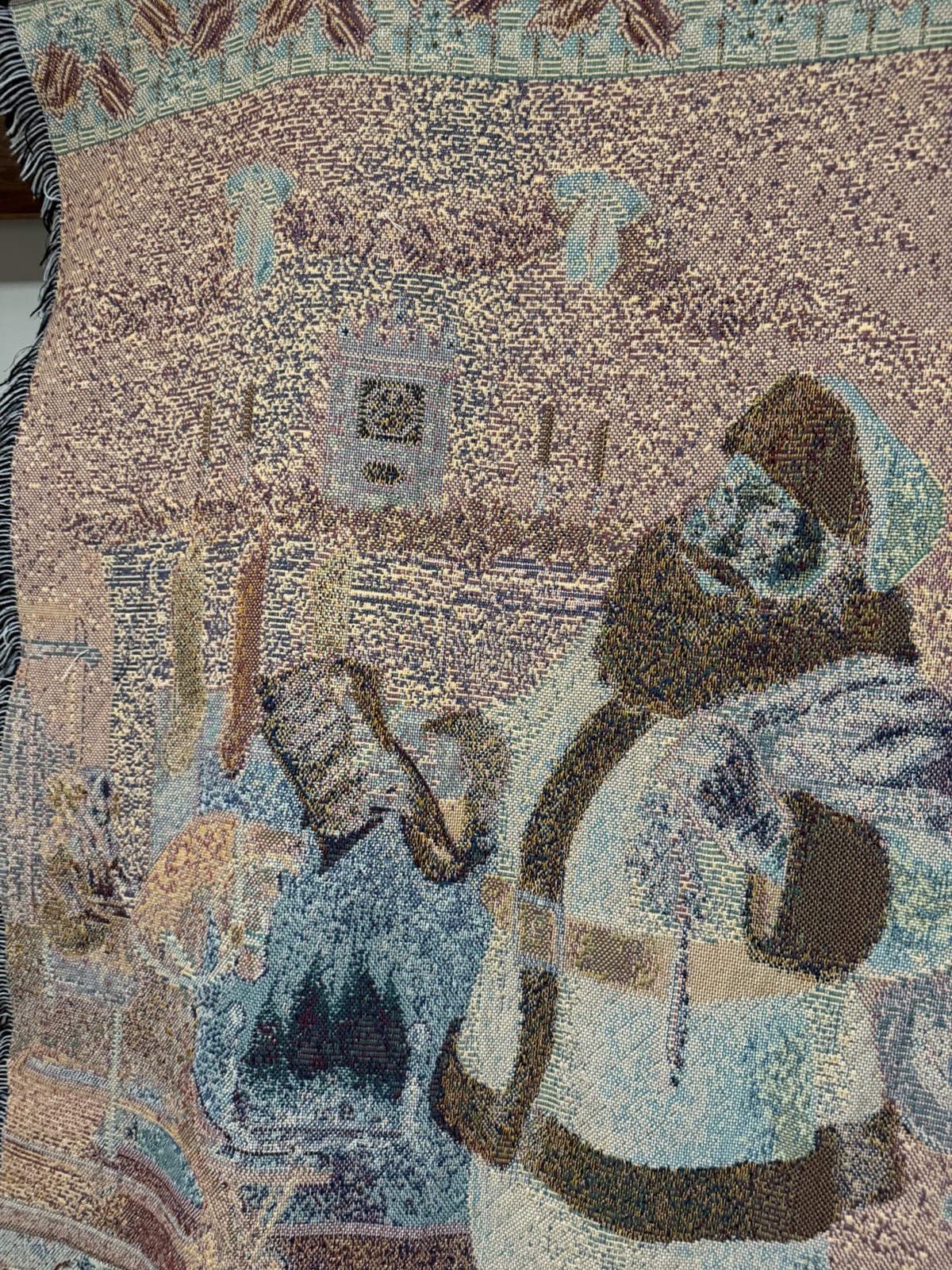 Fringed Tapestry Christmas Throw Blanket Santa, Tree, Fireplace 58”x47”