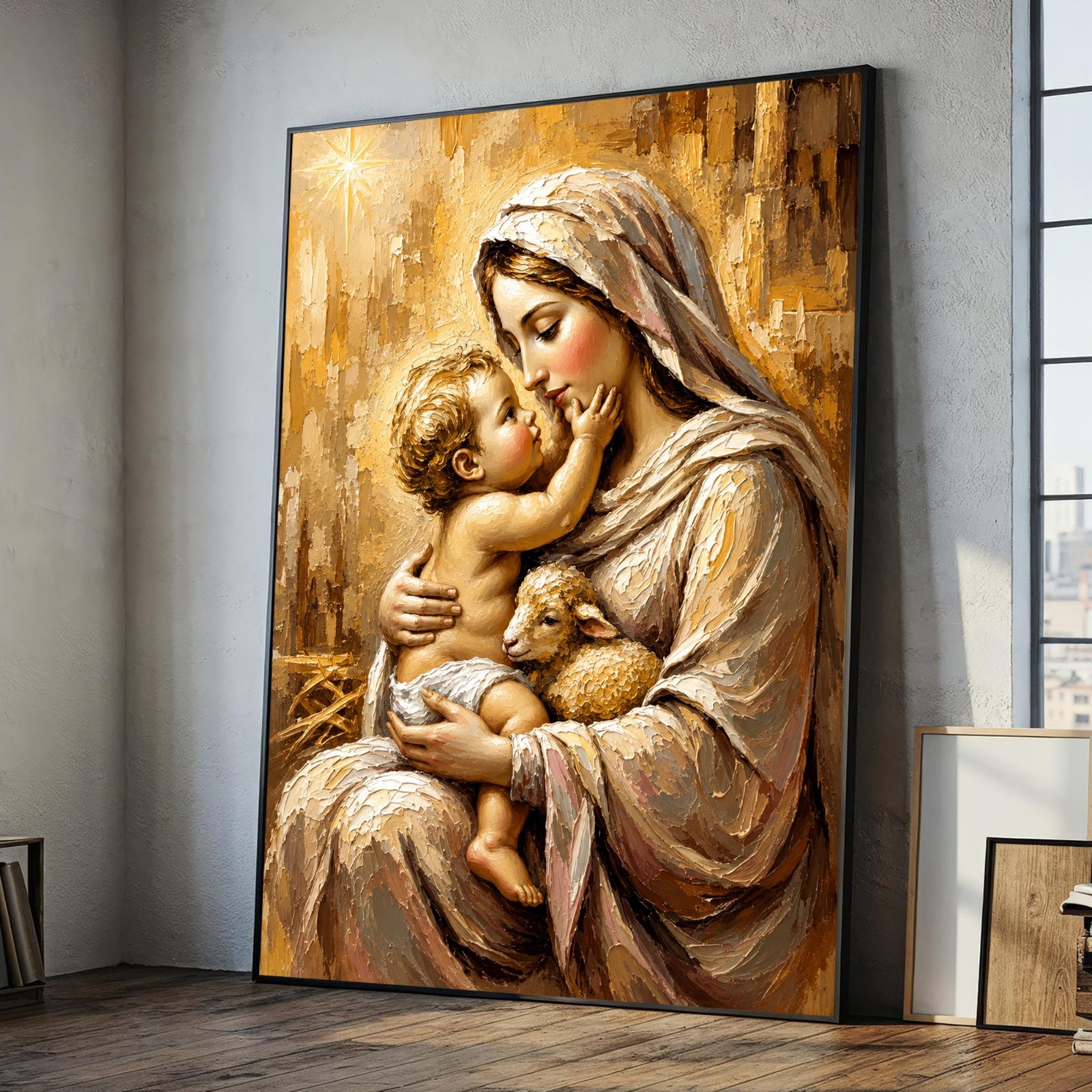 Virgin Mary and Baby Jesus Canvas Print Christian Wall Art Lamb Religious Decor