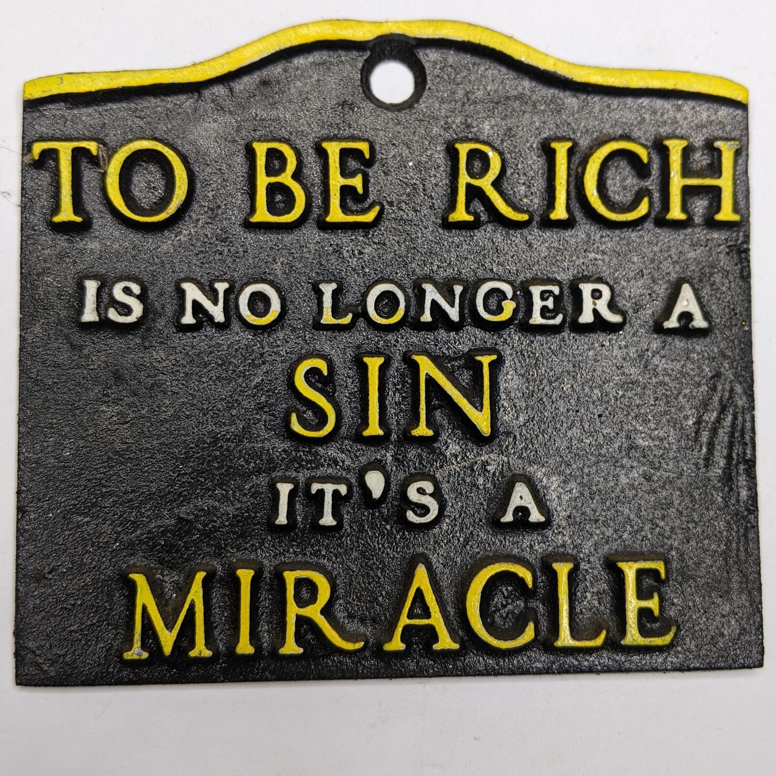 Retro Miracle to Be Rich Money Sin Funny Wall Quote Vtg Cast Aluminum Saying E3