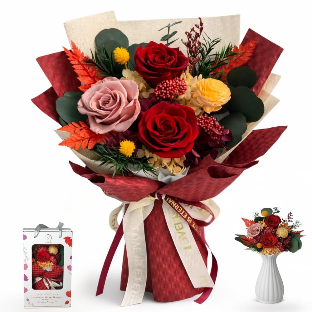 Red Preserved Roses Vase Forever Flowers Deep Red Bouquet Womens Gifts Decor