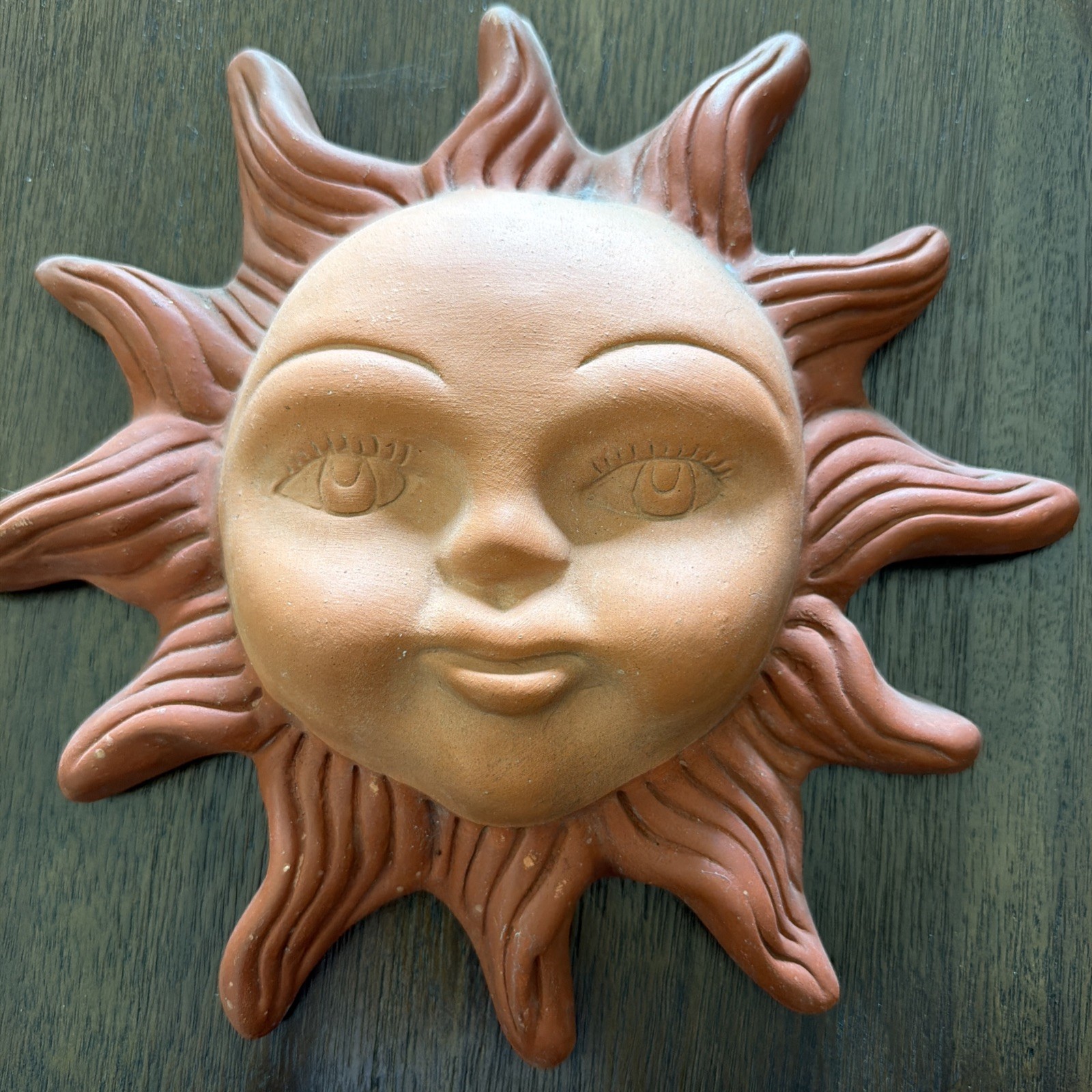 Vintage Terra Cotta 10” Sun Face 3D Art Pottery Hanging Wall Art Indoor/Outdoor