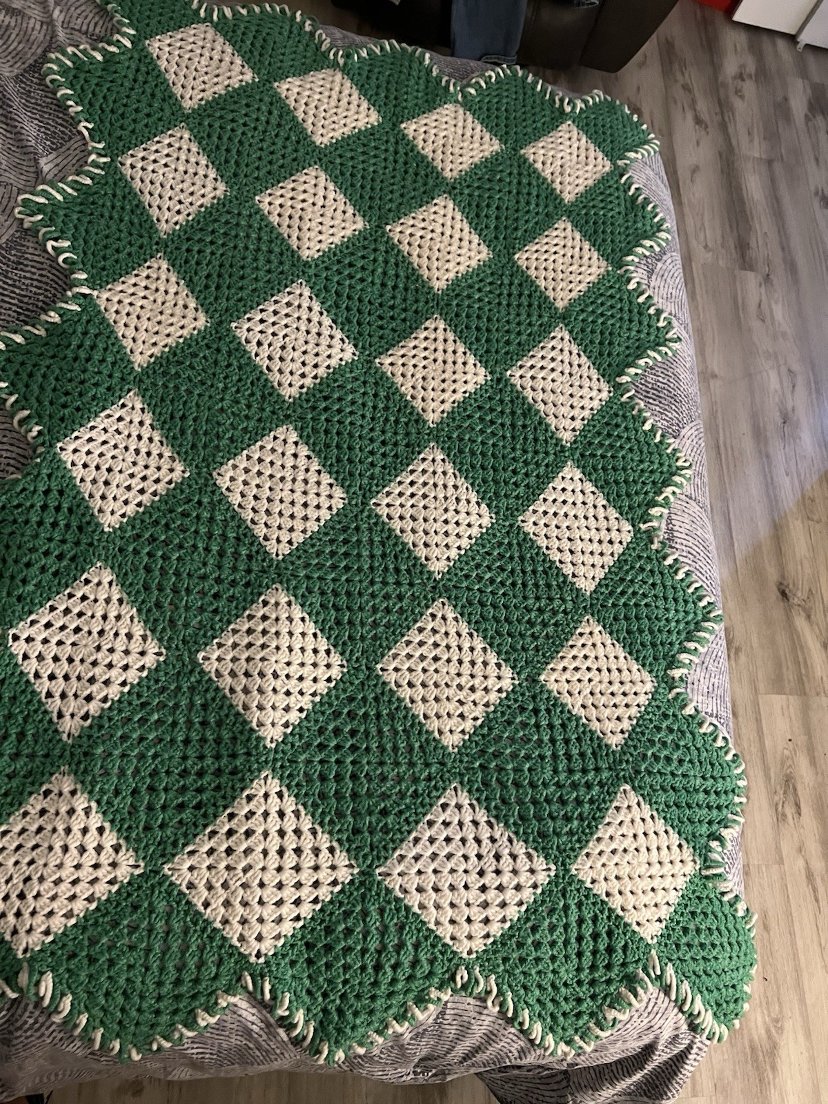 crochet granny square afghan blanket vintage 60 inch By 36 inch Green White