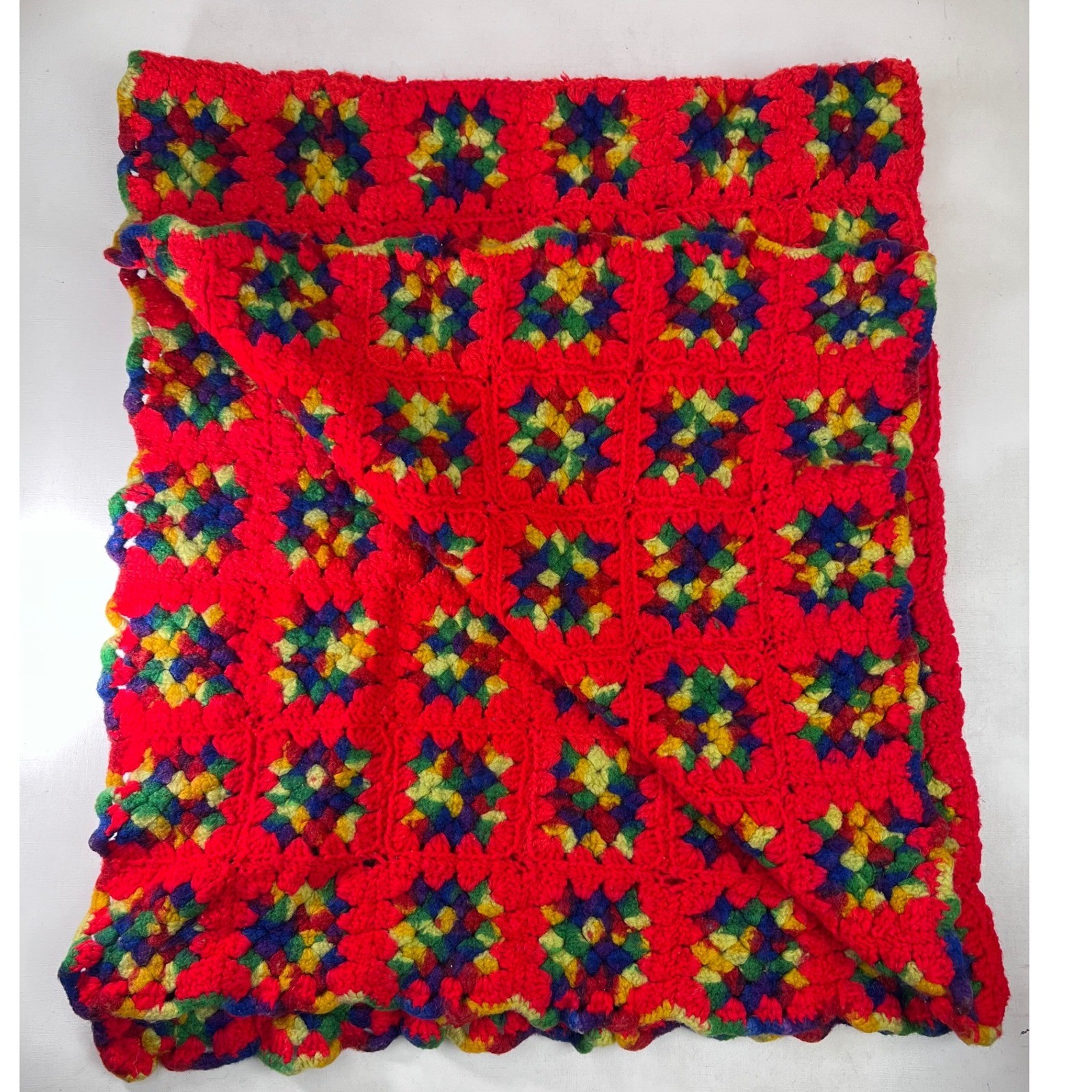Red Crochet Granny Square Blanket Afghan Colorful Handmade Throw 66×52