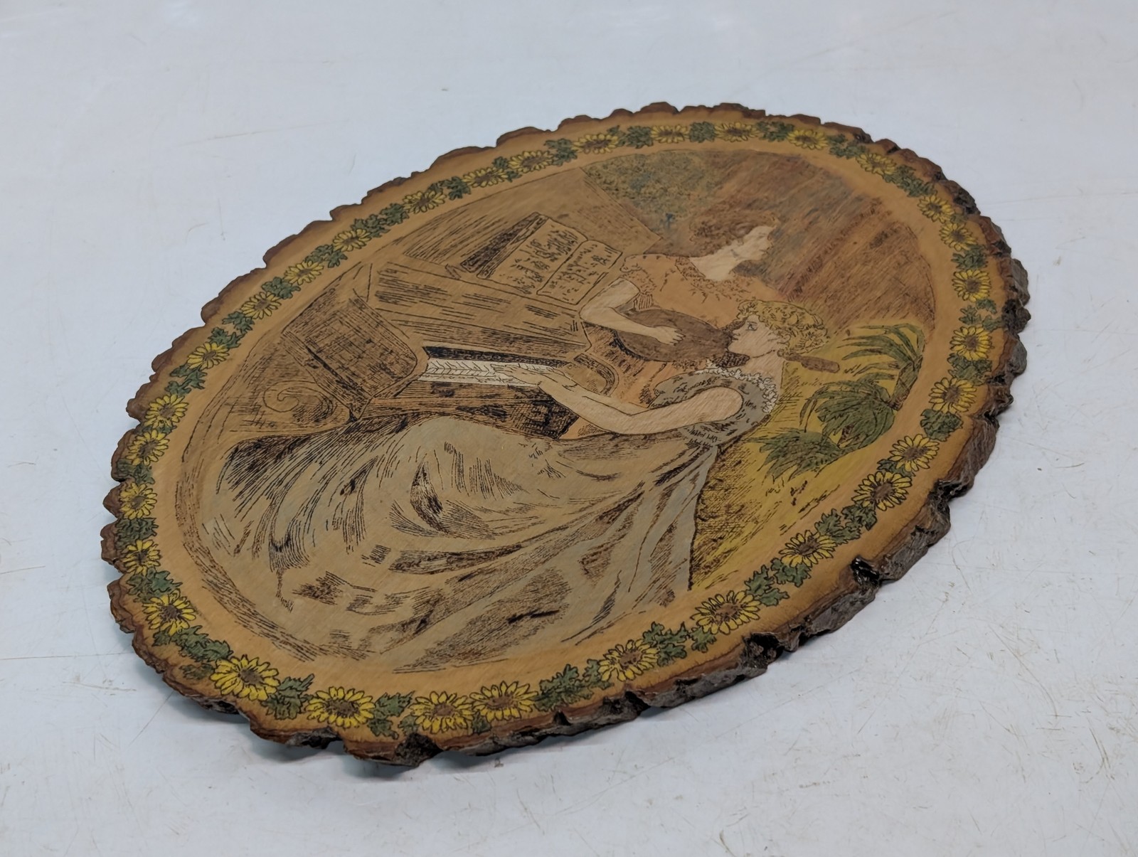 Handmade Wood Slice Wall Plaque Victorian Music Scene Bark Edge as shown