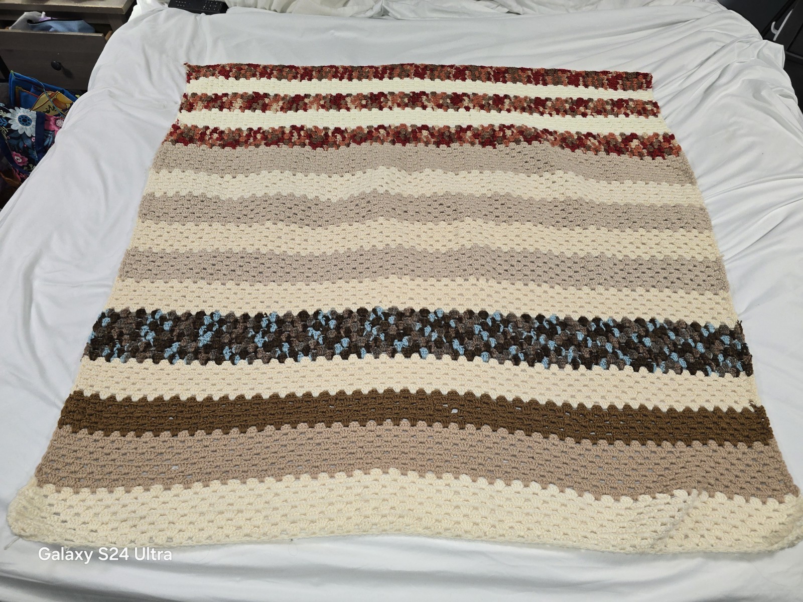 FALL * AUTUMN * Hand Knit Crochet Blanket * 48 x 48 * Orange * Brown * Cream