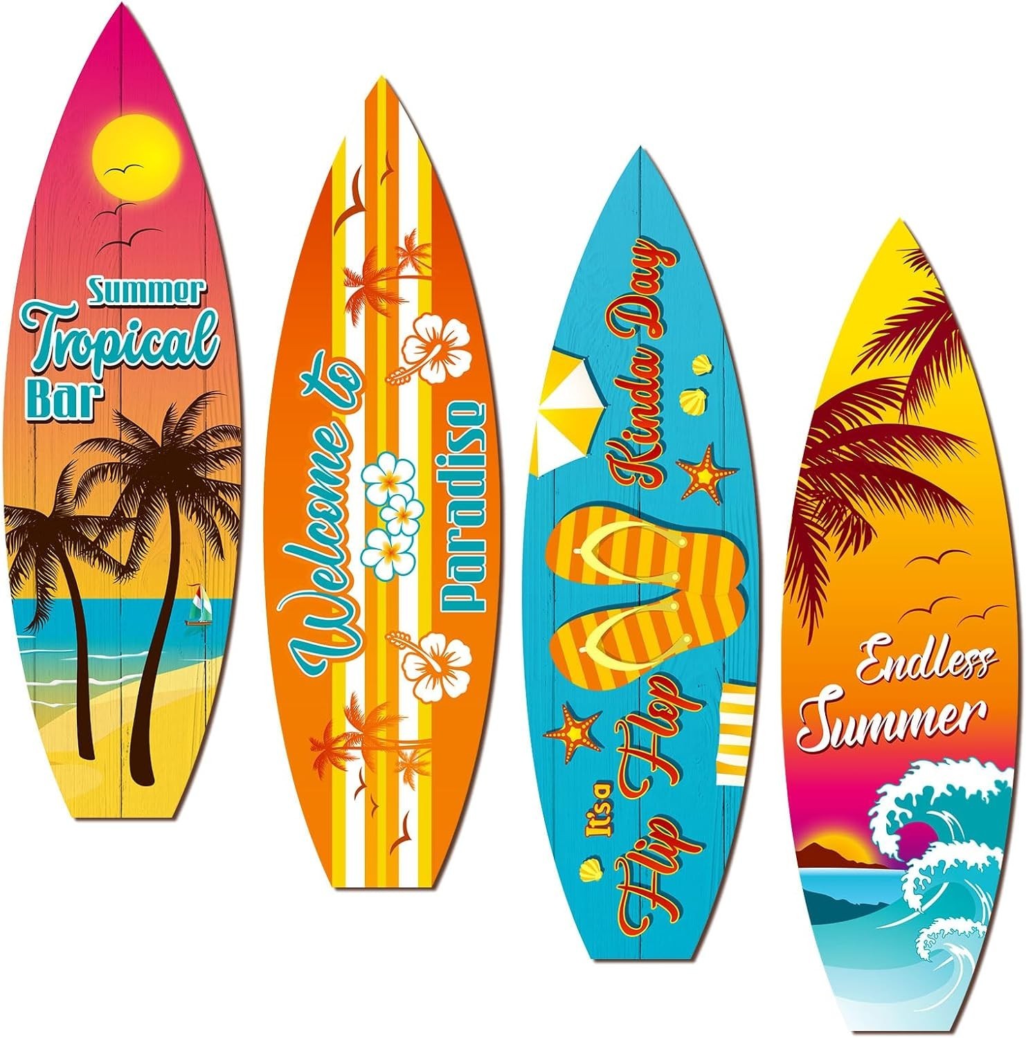 4 Pcs Surfboard Wall Decor Wooden Beach Hanging Sign for Tropical Theme Party