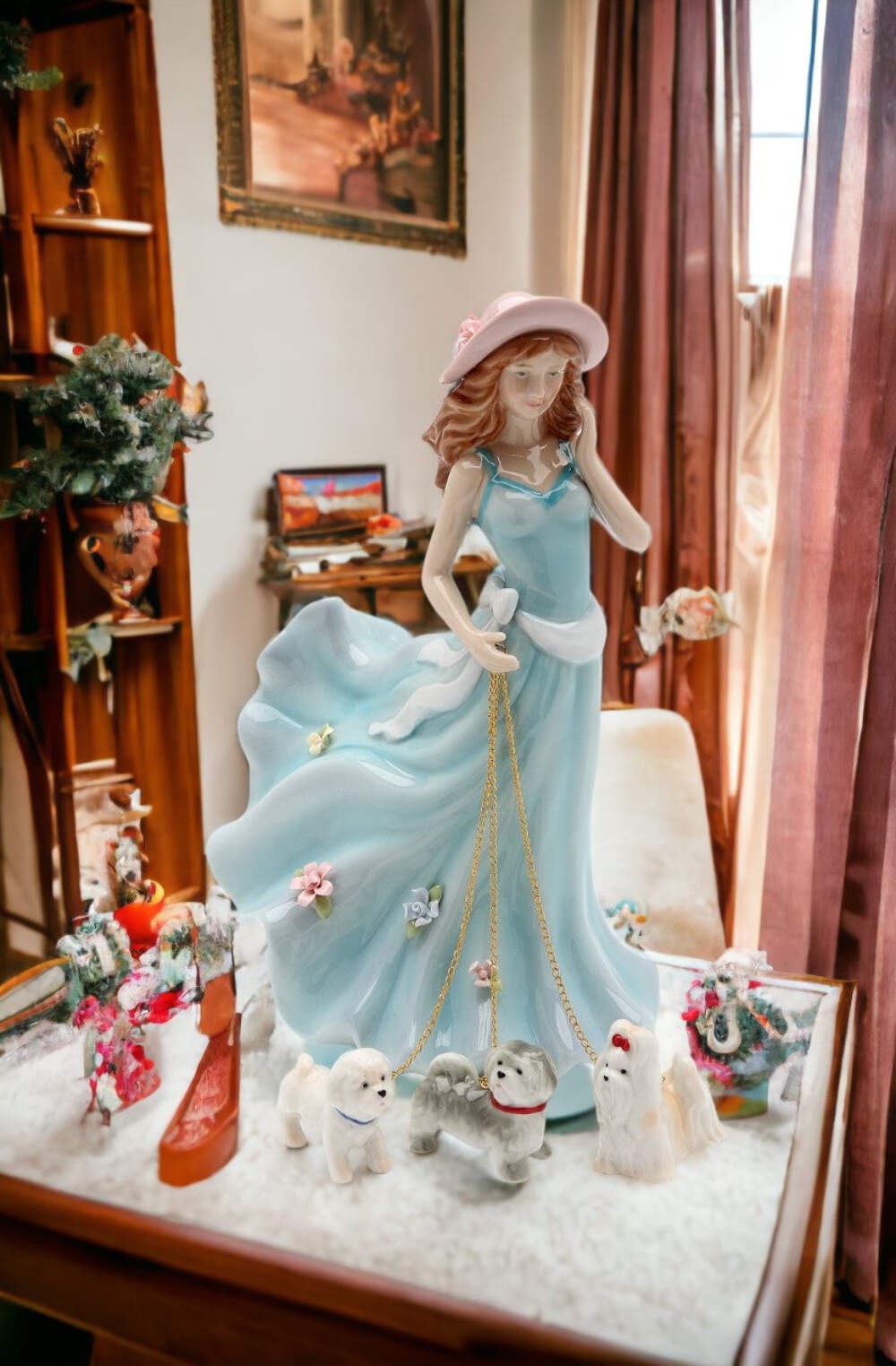 Ceramic Pretty Lady in Dress Walking Dogs Figurine, Home Décor, Gift for Her, Gi