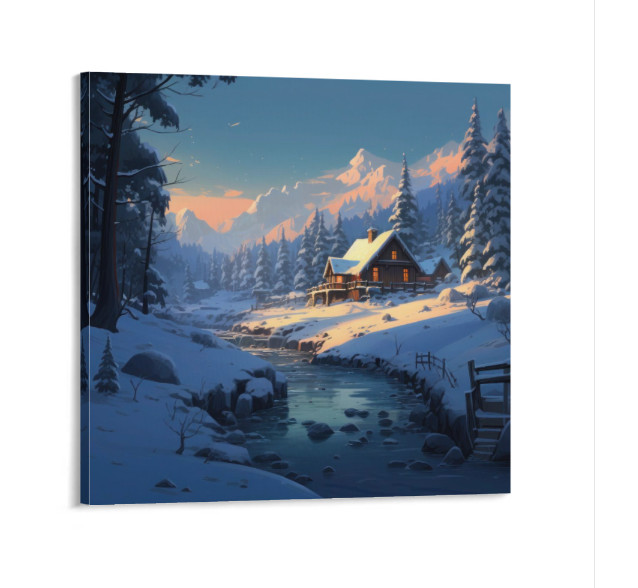 Country Mountain River Landscape Cabin Snow Canvas Print Winter 12 x 12 Frame