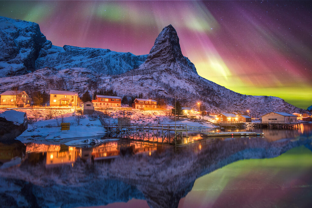 Aurora Borealis Above Snowy Islands of Lofoten Photo Art Print Poster 18×12
