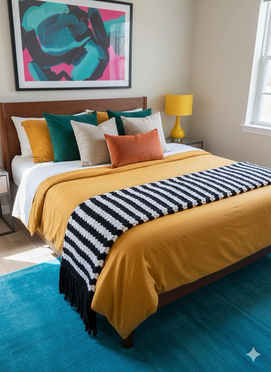 Handmade Chunky Queen Bed Runner Wrap Blanket Fringed Black Ivory Boho