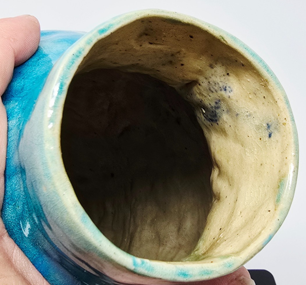 Turquoise Blue Drip Glazed Pottery Hand Made Pottery Vase Marked J.E.C GH 10″