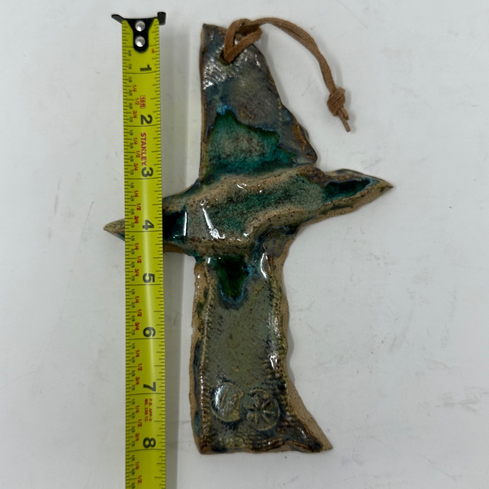 Studio Art Pottery Abstract Bird Wall Hanging Glazed Ceramic Green Blue Coastal