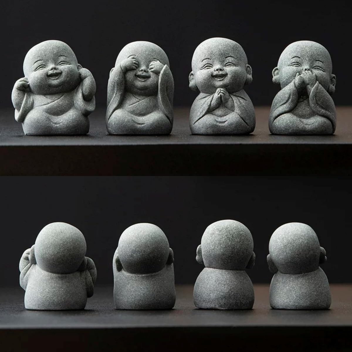 4-in-1 Laughing Buddha Statue Decor Set Small Zen Monk Sandstone Buddha Sculp…