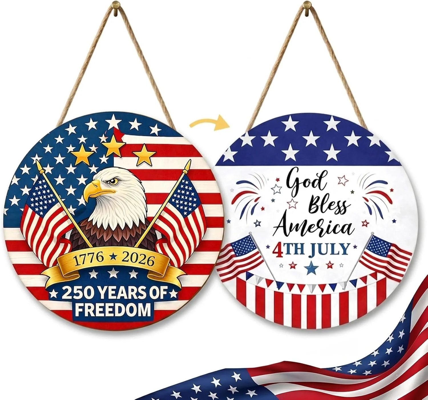 250th Anniversary 4th of July Decorations Double-Sided Patriotic Wooden Sign Bal