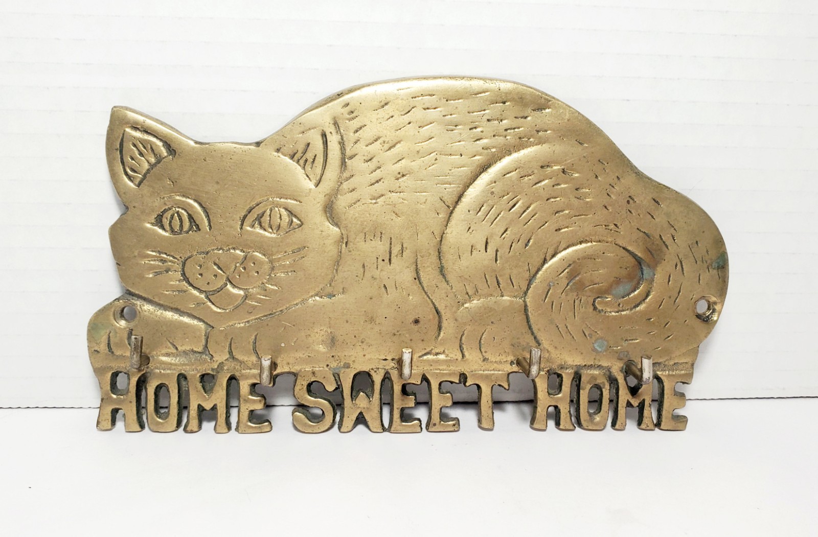 Vintage Brass Cat “Home Sweet Home” Key Ring Holder Hook Wall Decor – 5 HOOKS