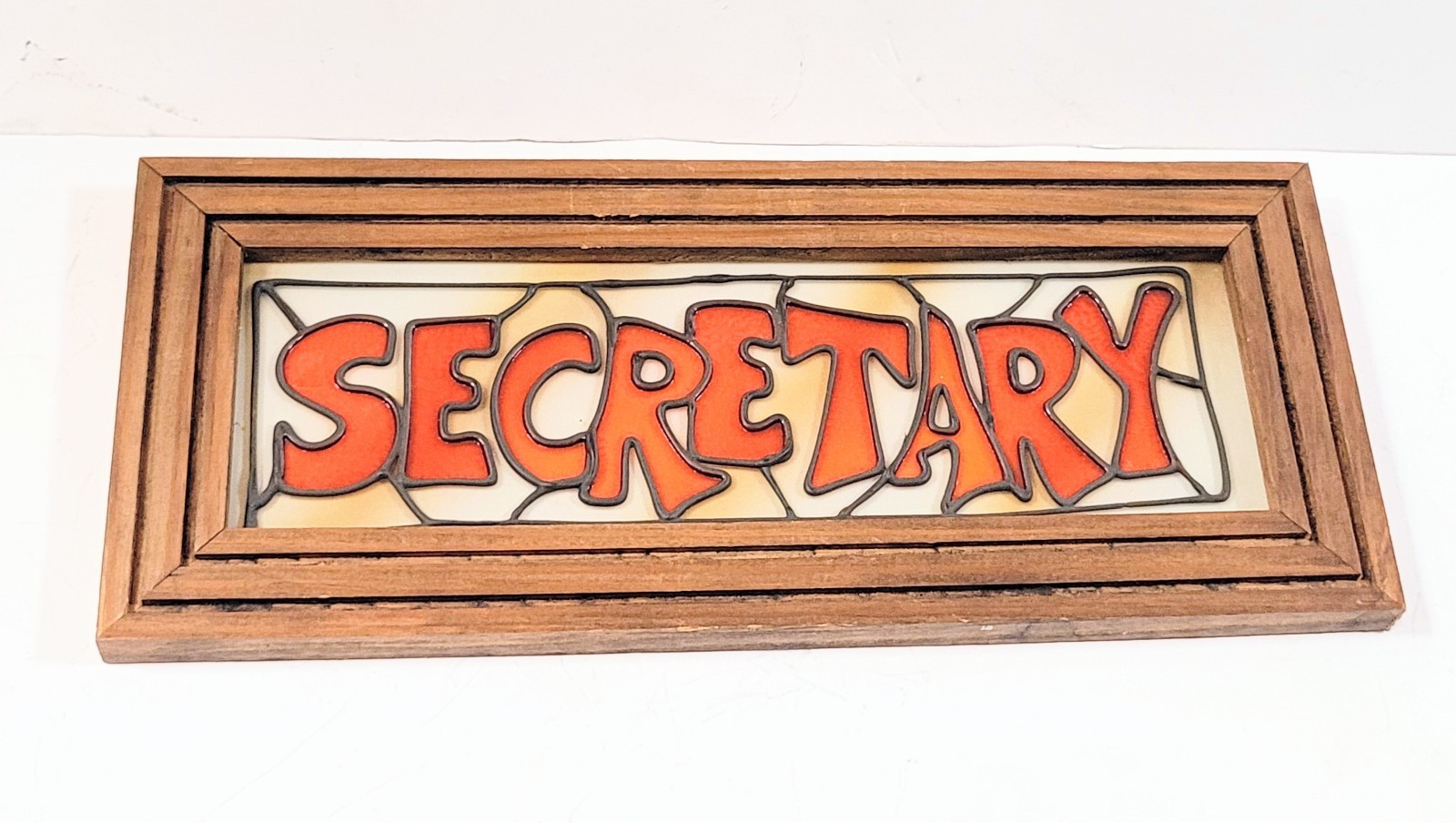 Vintage Framed Faux Stained Glass Style Secretary Sign Wall Decor 14” X 6”
