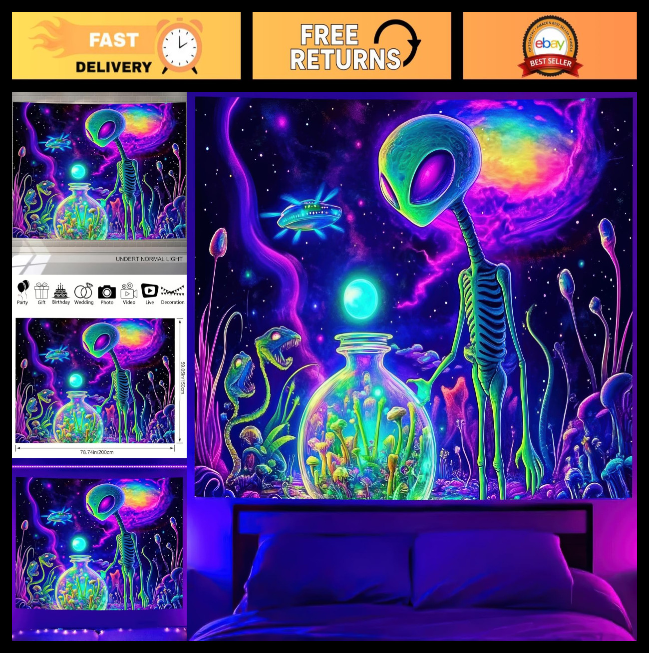 Glow in the Dark Blacklight Tapestry 78×59″ – Neon Alien UFO Cosmic Wall Art