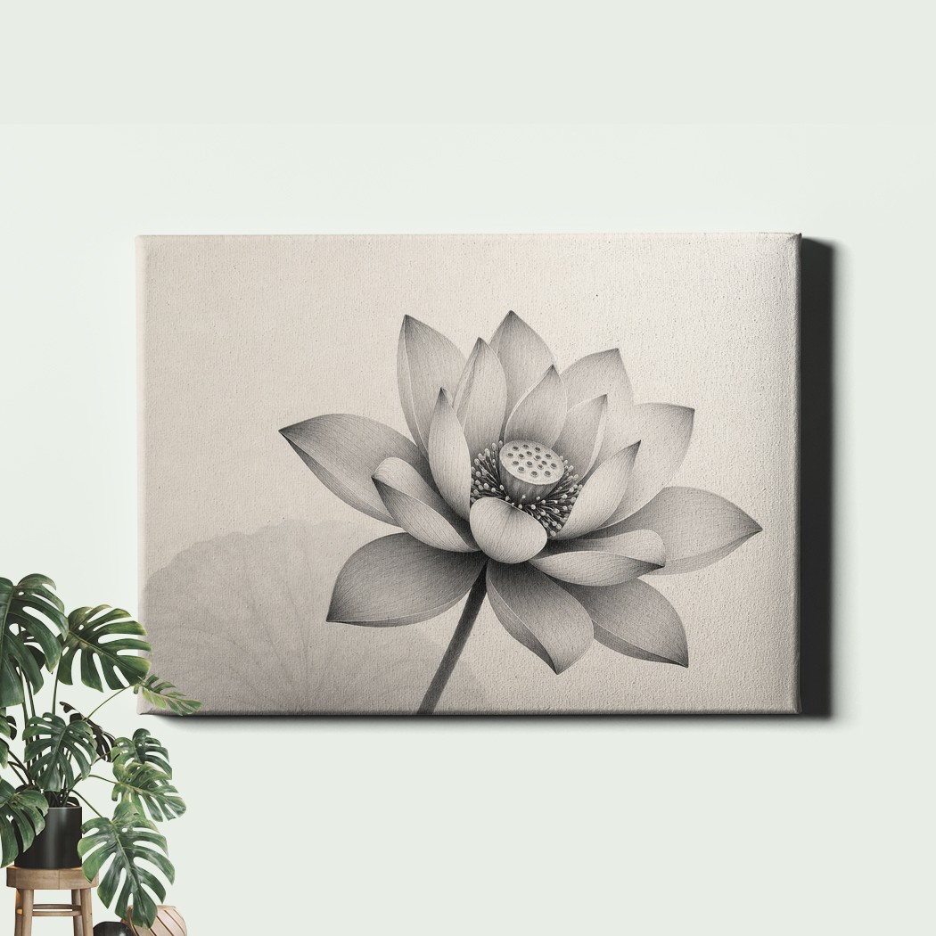 Lotus Flower Art Print Monochrome Zen Line Drawing