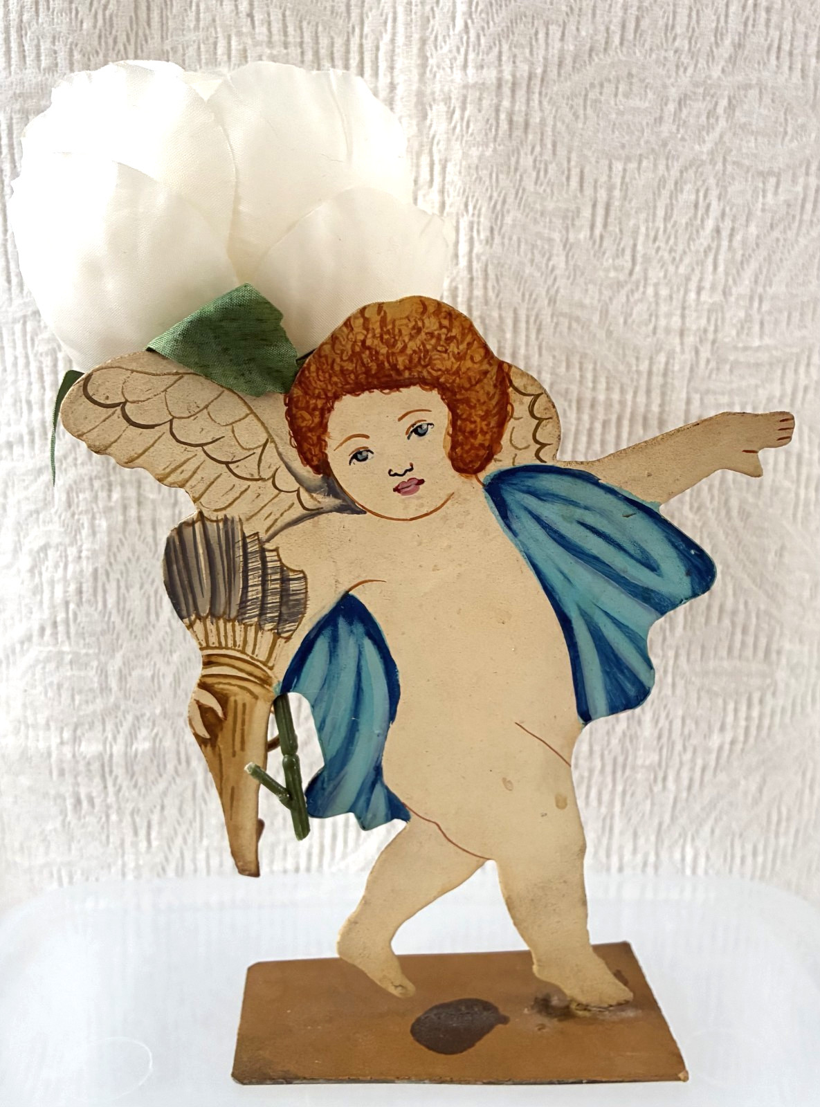 1990s Two’s Company Hand Painted Metal Cherub BUD VASE 6.5″ Valentine