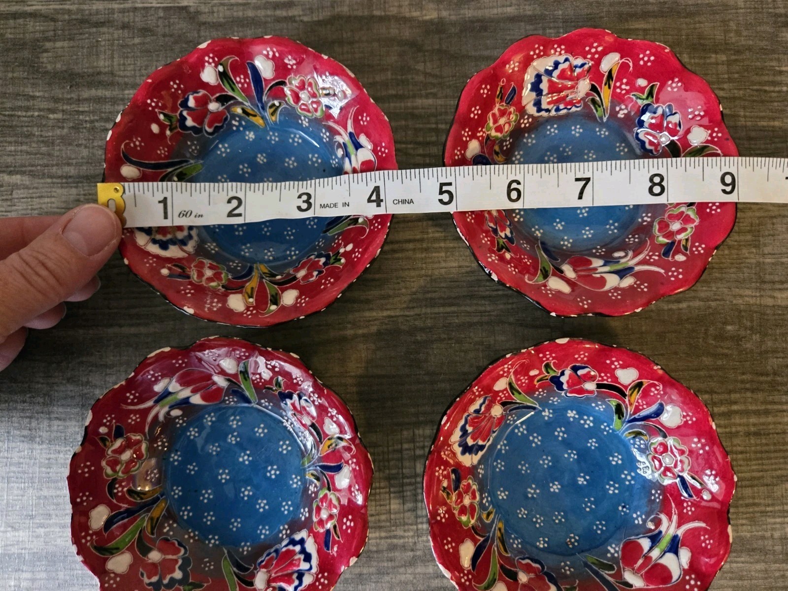 Ceramic Turkish Handmade Relief Bowls Set of 4, Red Floral Pattern, 4″ Plates