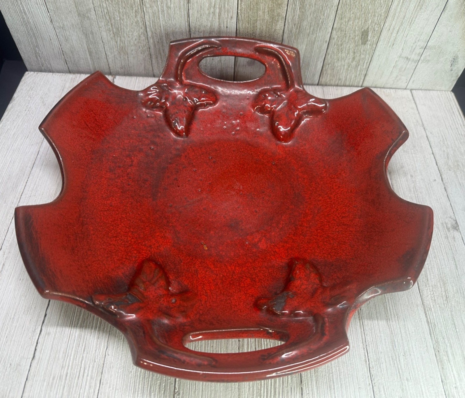 Vtg Heavy Oxblood Red Stone Decorative Tray Ivy Accents 13″ Diameter Handles