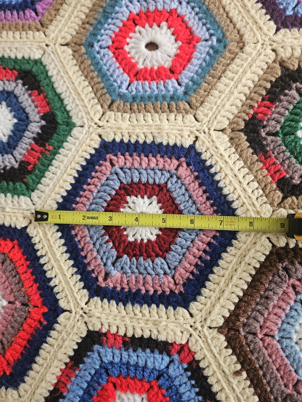Vintage Hexagon Granny Square Crocheted Afghan Blanket Colorful Yarn Handmade