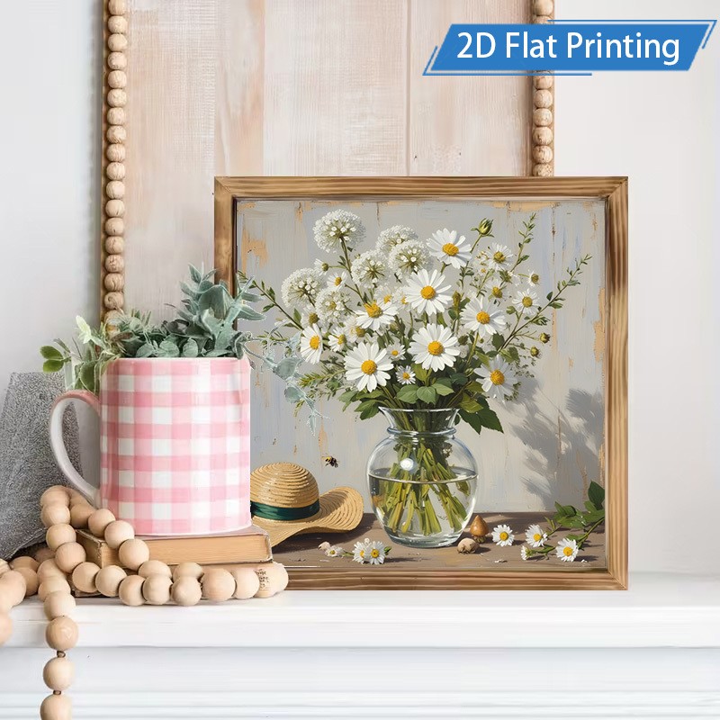 Rustic Textured White Daisy Flower Vase Bee Art Wooden Sign Living Room Wall